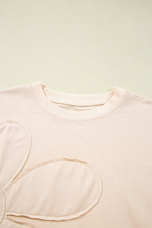 Raw Edge Flower Patch Drop Shoulder Contrast Rib Crewneck Long Sleeve Top
